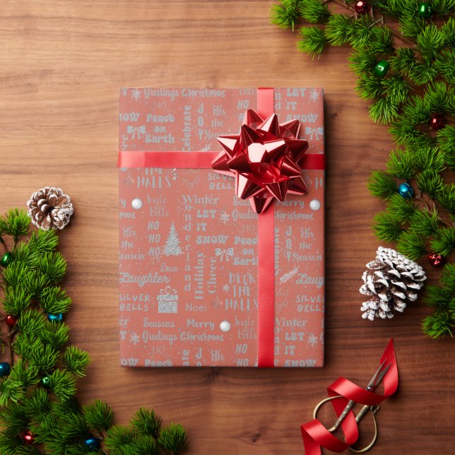 Elegant Script Christmas Font Collage Terracotta Wrapping Paper (Holiday Gift)