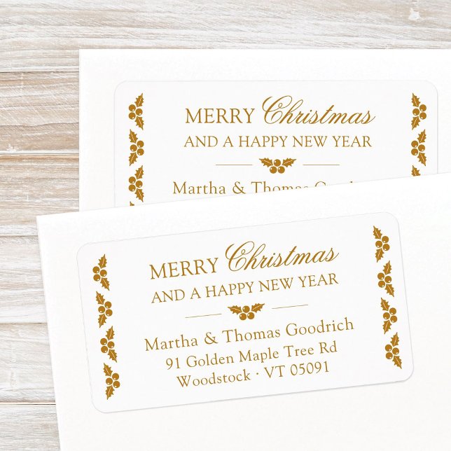 Elegant Script Christmas Gold Holly Return Address Label (Elegant, festive Merry Christmas and Happy New Year return address labels with a gold holly border.)