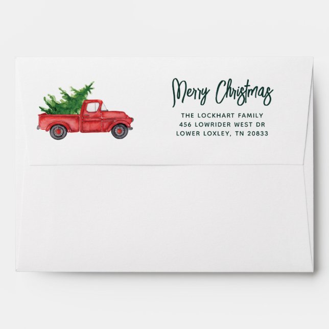 Elegant Script Christmas Holiday Vintage Truck Envelope (Back (Top Flap))