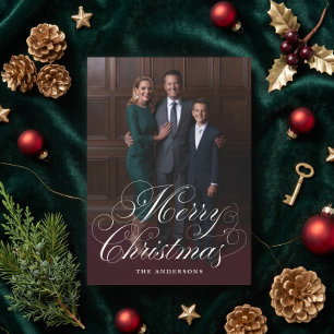 Elegant Script Christmas Photo Family Holiday  Card