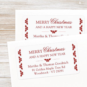 Elegant Script Christmas Red Holly Return Address Label