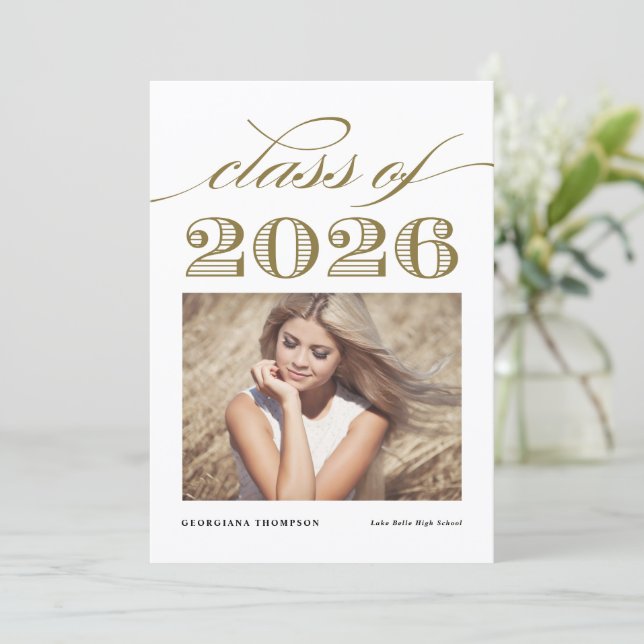 Elegant Script Class of 2026 Gold Graduation Announcement (Standing Front)