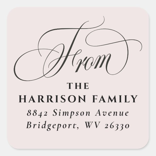 Elegant script classic blush return address square sticker (Front)