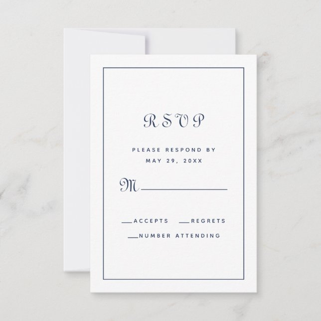 Elegant Script Classic Navy Blue Wedding Enclosure RSVP Card (Front)