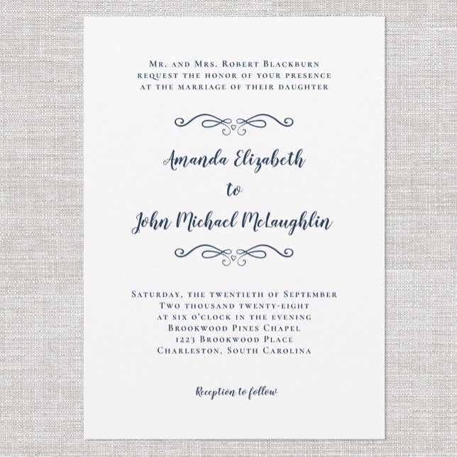 Elegant Script Classic Simple Formal Wedding Blue Invitation (Creator Uploaded)