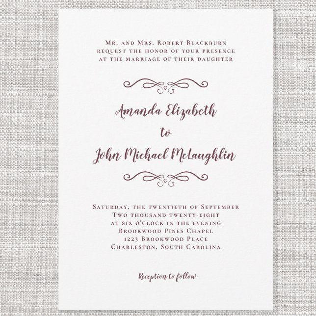 Elegant Script Classic Wedding Burgandy White Chic Invitation (Creator Uploaded)
