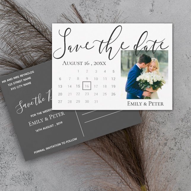 Elegant Script Classt Back White Wedding Photo Save The Date (Creator Uploaded)