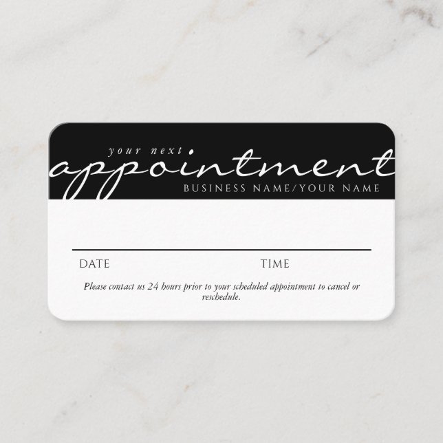 Elegant Script Colour Block Black White Appointmen Business Card (Front)