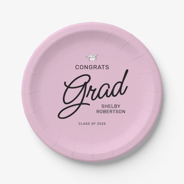 Elegant Script Congrats Grad Graduation Party Paper Plate (Front)
