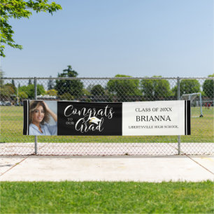 Elegant Script CONGRATS GRAD Photo Black White Banner