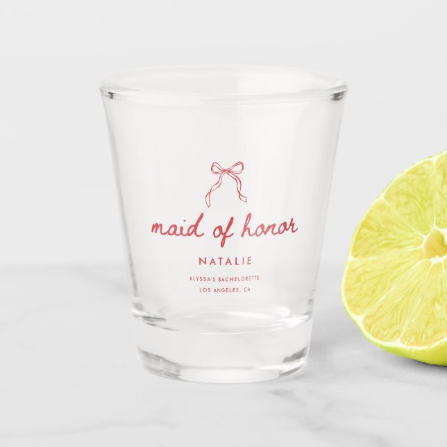 Elegant Script Coquette Custom Maid of Honour Name Shot Glass (Front)