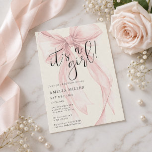Elegant Script Coquette Pink Bow Baby Shower Invitation