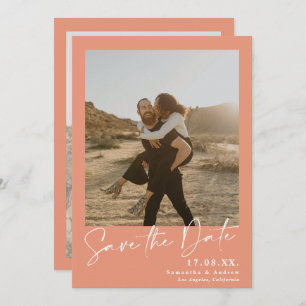 Elegant script coral 2 photos save the date