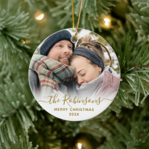 Elegant Script Couple Name Photo Merry Christmas   Ceramic Tree Decoration
