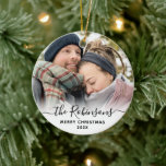Elegant Script Couple Name Photo Merry Christmas   Ceramic Tree Decoration<br><div class="desc">Elegant Modern Black White Hand Lettered Script "Couple Name" Merry Christmas Photo Ornament. Features a family photo, "Couple Name" calligraphy text in handwritten script, with Merry Christmas text and year photo overlay (in black and white). Easy to personalise it. Photo tip: crop your photo to square form before upload it....</div>