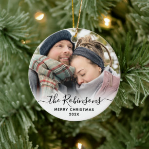 Elegant Script Couple Name Photo Merry Christmas   Ceramic Tree Decoration