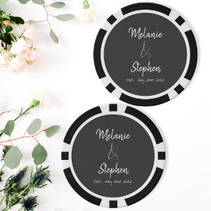Elegant Script Couple Names Date Typography Grey Poker Chips