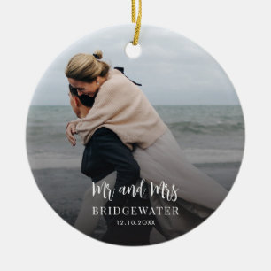 Elegant Script Couples Photo Minimalist Christmas Ceramic Tree Decoration