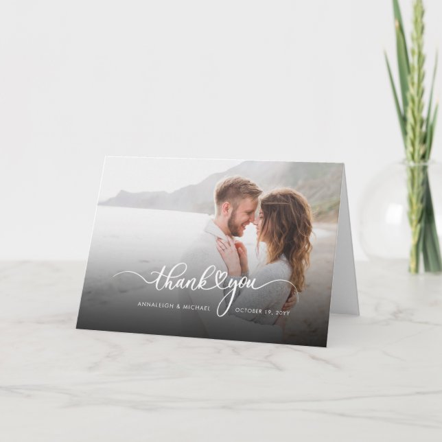 Elegant Script Couples Photo Wedding Thank You Card (Front)