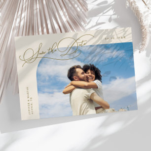 Elegant Script Cream Curved Frame Photo Save The Date
