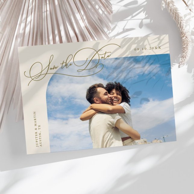 Elegant Script Cream Curved Frame Photo Save The Date (Creator Uploaded)