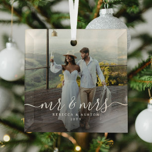 Elegant Script & Custom Newlyweds Photo Christmas Glass Tree Decoration
