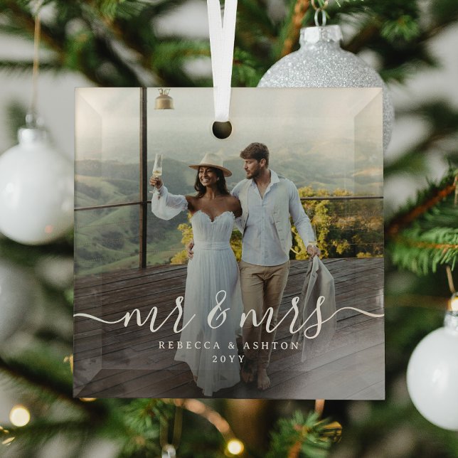 Elegant Script & Custom Newlyweds Photo Christmas Glass Tree Decoration (Creator Uploaded)