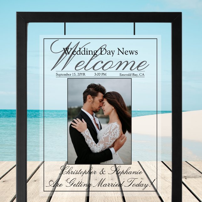 Elegant Script Custom One Photo Wedding Welcome Acrylic Sign (Elegant Script Unique Newspaper Wedding Sign)