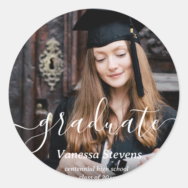 Elegant Script Custom Photo Graduation  Classic Round Sticker (Front)