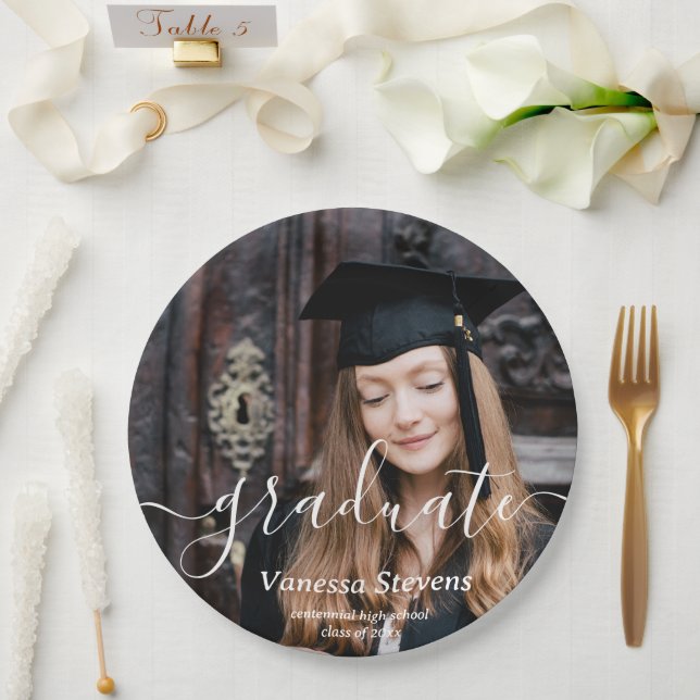 Elegant Script Custom Photo Graduation  Paper Plate (Wedding)