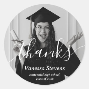 Elegant Script Custom Photo thanks Graduation  Classic Round Sticker