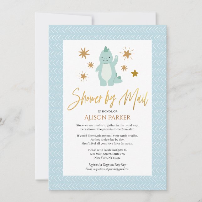 Elegant Script Cute Blue Dinosaur Shower by Mail Invitation (Front)