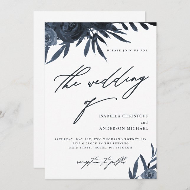 Elegant Script Dark Blue Floral Wedding Invitation (Front/Back)