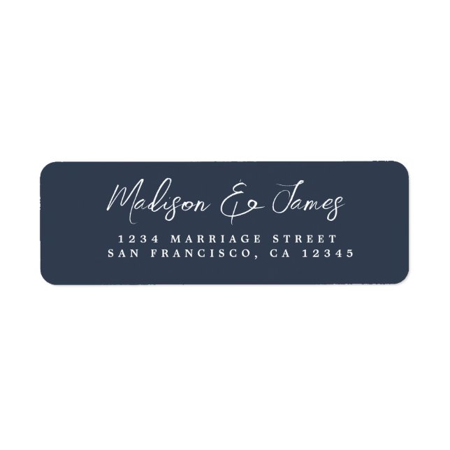 Elegant Script Dark Blue Wedding Return Address (Front)