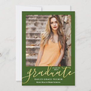 Elegant Script Dark Green Gold 2-Photo Graduation Announcement