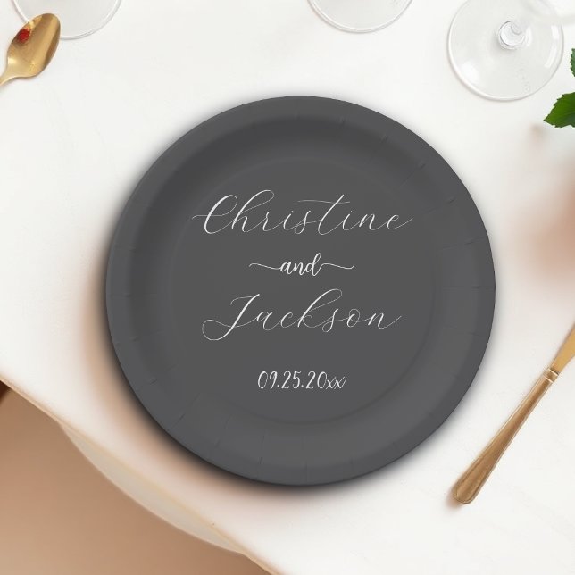 Elegant Script Dark Grey Wedding Paper Plate (Creator Uploaded)