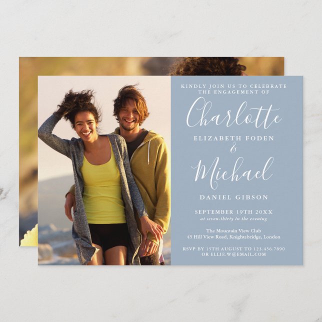 Elegant Script Dusty Blue 2 Photo Engagement Party Invitation (Front/Back)