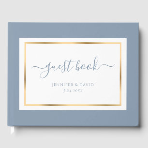 Elegant Script Dusty Blue and Gold Wedding Guest Book