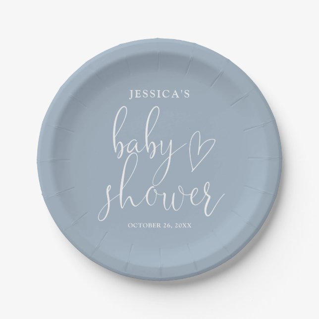 Elegant Script Dusty Blue Baby Shower Paper Plate (Front)