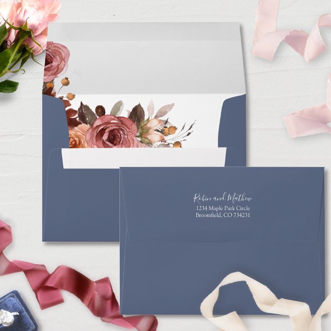 Elegant Script, Dusty Blue, Blush Burgundy Floral Envelope (Creator Uploaded)
