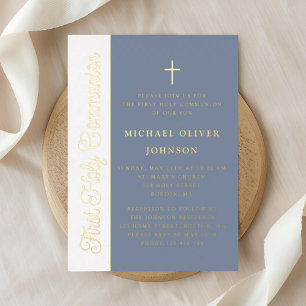 Elegant Script Dusty Blue Boy First Communion Gold