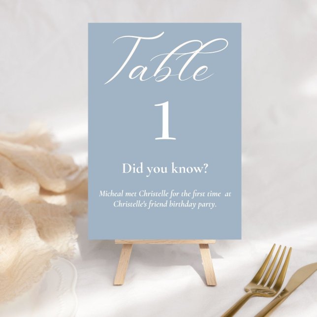 Elegant script dusty blue facts wedding table number (Creator Uploaded)