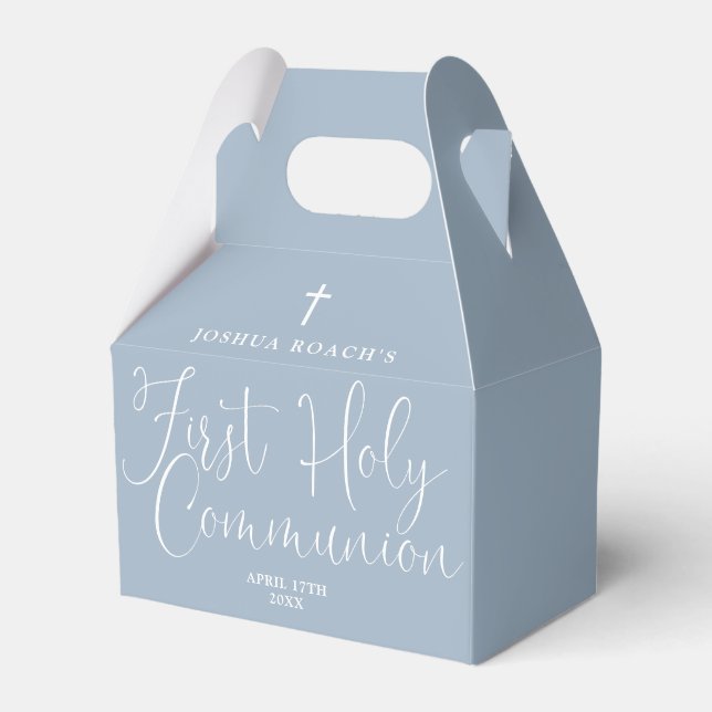 Elegant Script Dusty Blue First Holy Communion Favour Box (Front Side)