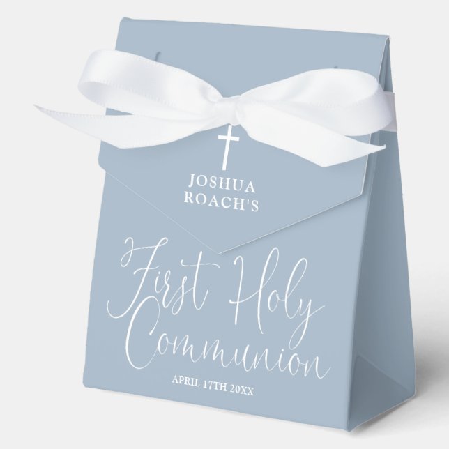 Elegant Script Dusty Blue First Holy Communion Favour Box (Front)