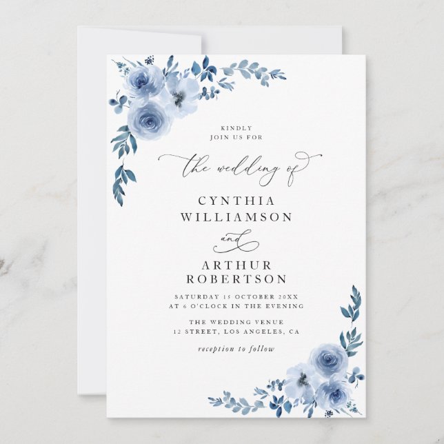 elegant script dusty blue floral wedding invitation (Front)