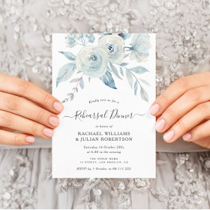 elegant script dusty blue flowers rehearsal dinner invitation