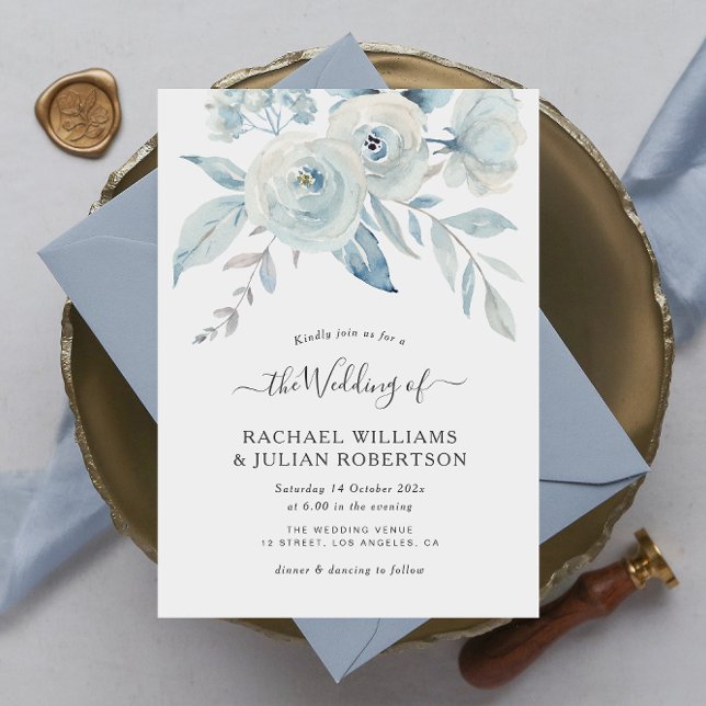 elegant script dusty blue flowers wedding invitation (Creator Uploaded)