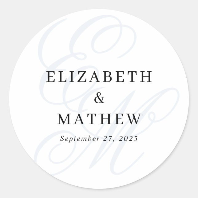 Elegant Script Dusty Blue Monogram Wedding Classic Round Sticker (Front)