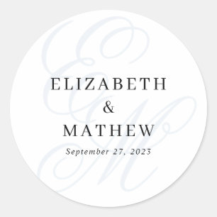 Elegant Script Dusty Blue Monogram Wedding Classic Round Sticker