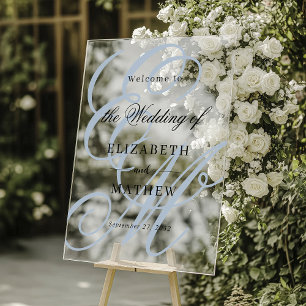 Elegant Script Dusty Blue Monogram Wedding Welcome Acrylic Sign